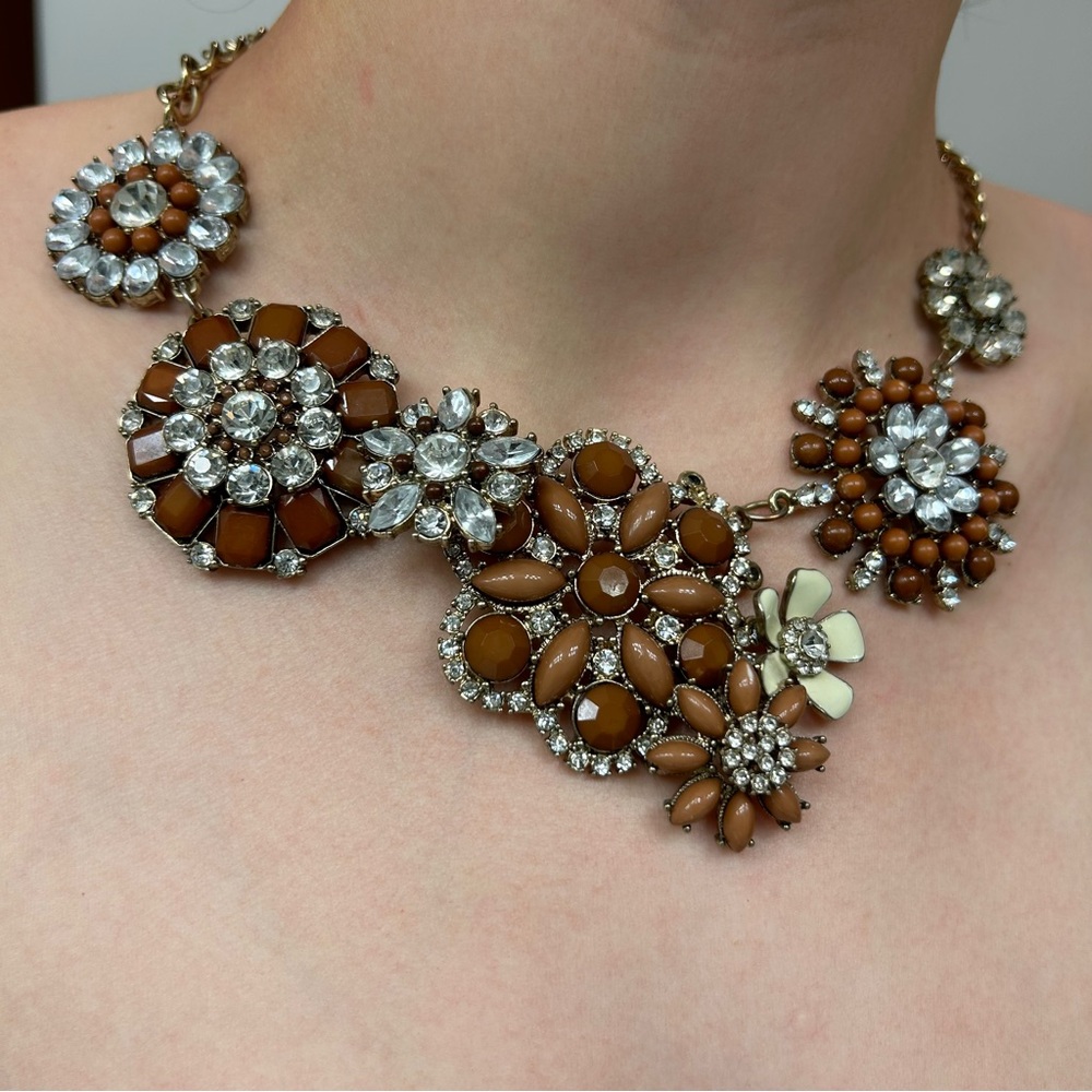 JOE FRESH, Statement Necklace, Brown/Beige Flowers, Crystals